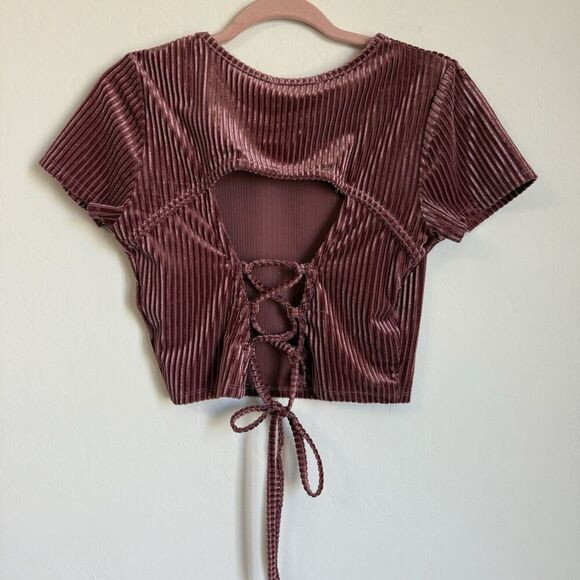 No Comment Y2K Velvet Ribbed Open Back Baby Tee Large Pink Mauve Boho Festival - Picture 5 of 6